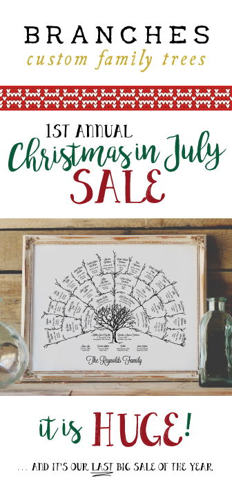 How would that be to have Christmas Gifts started and DONE way early this year! These Beautiful and UNIQUE Custom Family Trees are surprisingly affordable and they are sold as a digital file, so buy one for the Parents and you can make extra copies for siblings, WAY easy to get everyone done at once!! // The Christmas in July Sale is HUGE and this is the Last BIG sale of the year!!